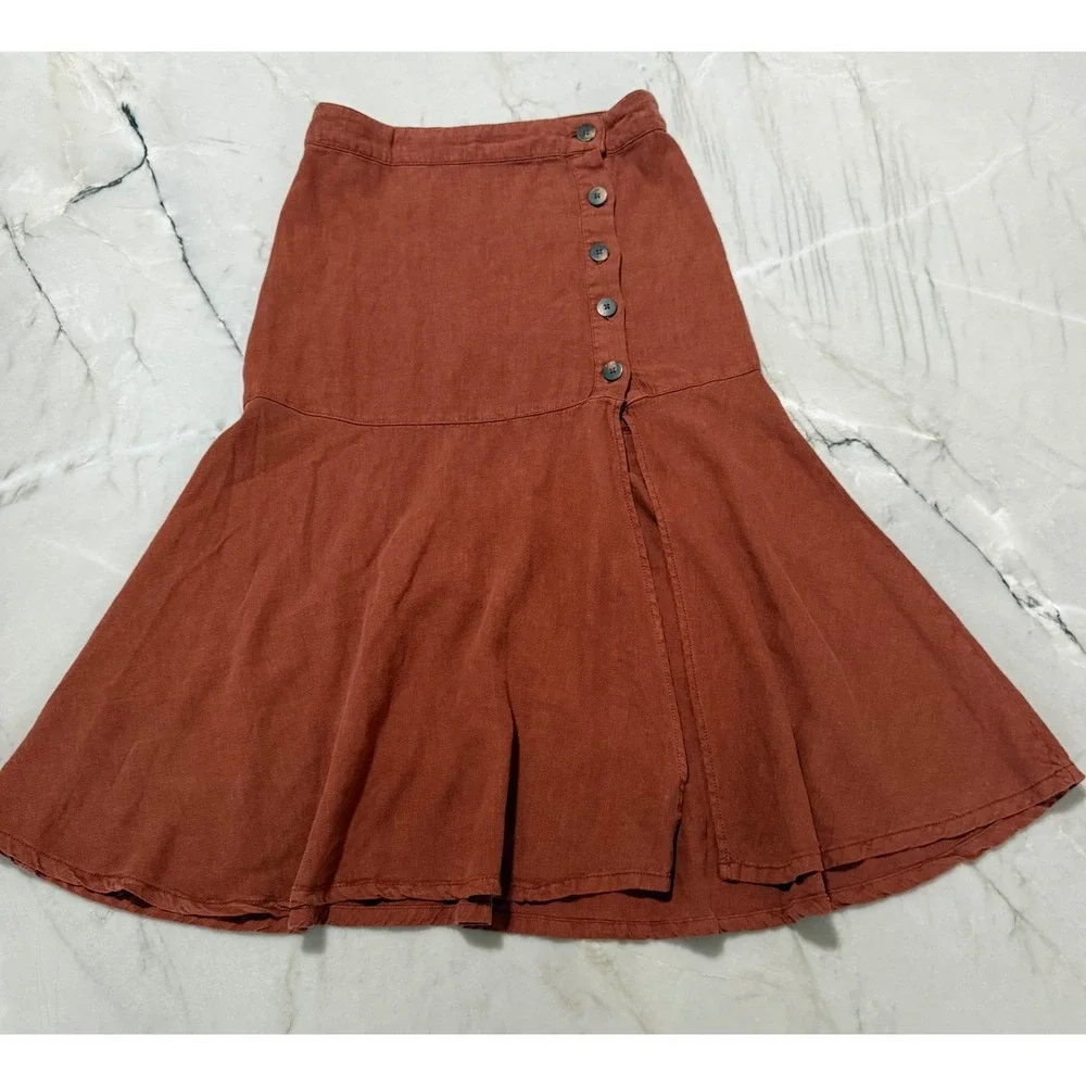 Free People Linen Blend Side Slit Midi Skirt - Women's 2 - Terracotta Rust Boho